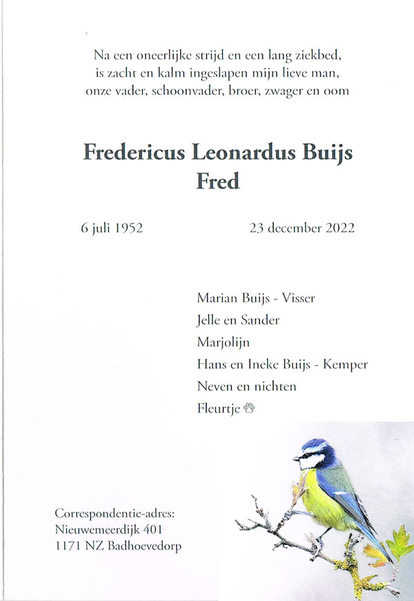 Overlijden Fred Buijs