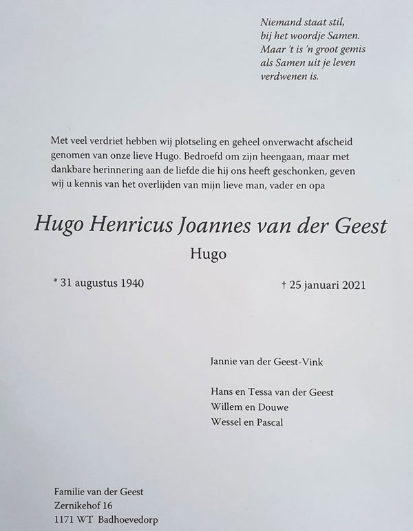 Overlijdensbericht Hugo vd Geest